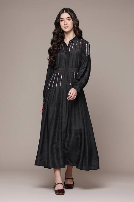 Shop Ritu Kumar Black Viscose Embroidery Collared Arina Fit And Flare Full Sleeve Dress Online at Aza Fashions Shop_Ritu Kumar_Black Viscose Embroidery Collared Arina Fit And Flare Full Sleeve Dress _Online_at_Aza_Fashions