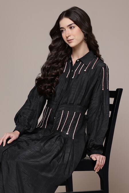 Ritu Kumar Black Viscose Embroidery Collared Arina Fit And Flare Full Sleeve Dress at Aza Fashions Ritu Kumar_Black Viscose Embroidery Collared Arina Fit And Flare Full Sleeve Dress _at_Aza_Fashions