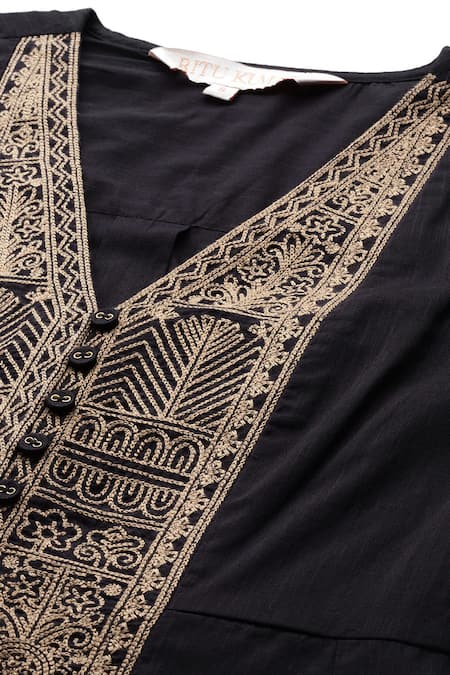 Shop Ritu Kumar Black Cotton Embroidery V-neck Aztec Kurta And Palazzo Set Online at Aza Fashions Shop_Ritu Kumar_Black Cotton Embroidery V-neck Aztec Kurta And Palazzo Set _Online_at_Aza_Fashions