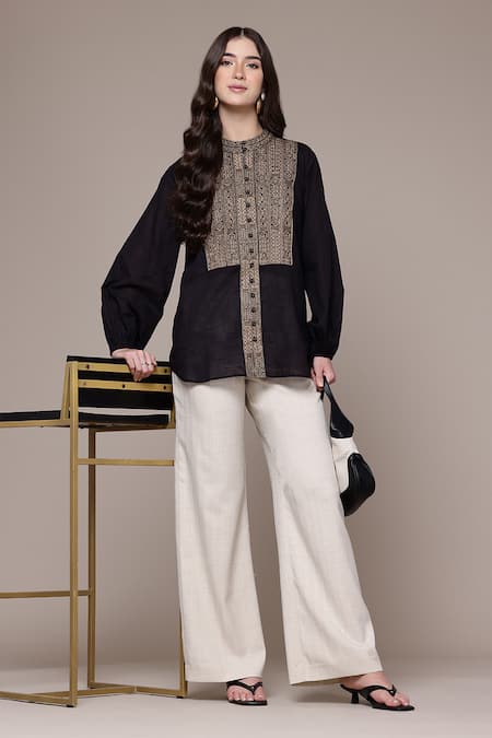 Ritu Kumar Black Cotton Embroidery Mandarin Collar Aztec Band Full Sleeve Top Online at Aza Fashions Ritu Kumar_Black Cotton Embroidery Mandarin Collar Aztec Band Full Sleeve Top _Online_at_Aza_Fashions