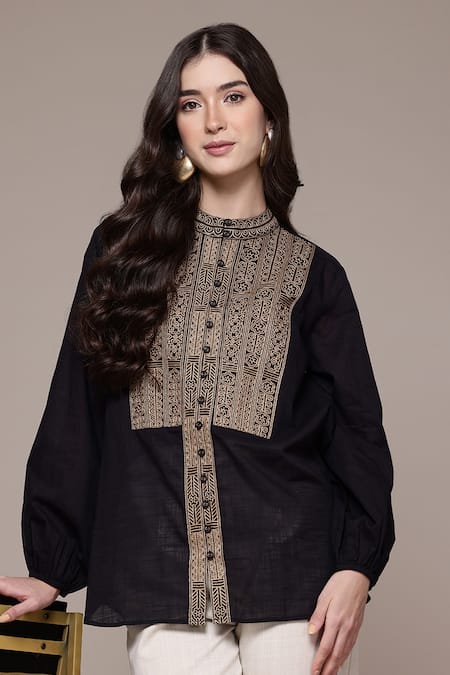 Buy Ritu Kumar Black Cotton Embroidery Mandarin Collar Aztec Band Full Sleeve Top Online at Aza Fashions Buy_Ritu Kumar_Black Cotton Embroidery Mandarin Collar Aztec Band Full Sleeve Top _Online_at_Aza_Fashions