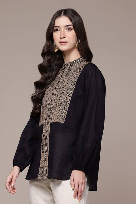 Shop Ritu Kumar Black Cotton Embroidery Mandarin Collar Aztec Band Full Sleeve Top Online at Aza Fashions Shop_Ritu Kumar_Black Cotton Embroidery Mandarin Collar Aztec Band Full Sleeve Top _Online_at_Aza_Fashions