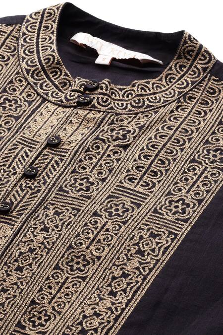 Ritu Kumar Black Cotton Embroidery Mandarin Collar Aztec Band Full Sleeve Top at Aza Fashions Ritu Kumar_Black Cotton Embroidery Mandarin Collar Aztec Band Full Sleeve Top _at_Aza_Fashions