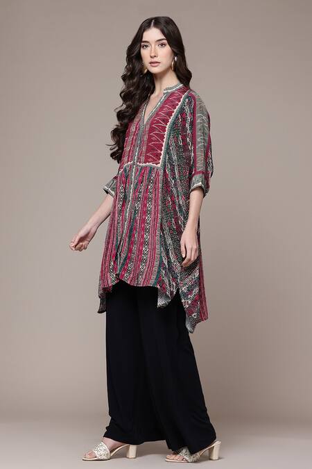 Buy_Ritu Kumar_Red Viscose, Crepe Split V-neck, Mandarin Collar Cairo Tribal Print Tunic _Online_at_Aza_Fashions
