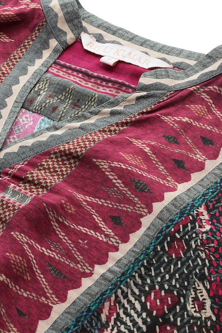 Shop_Ritu Kumar_Red Viscose, Crepe Split V-neck, Mandarin Collar Cairo Tribal Print Tunic _Online_at_Aza_Fashions