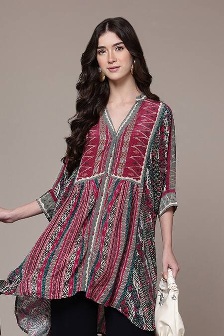 Ritu Kumar_Red Viscose, Crepe Split V-neck, Mandarin Collar Cairo Tribal Print Tunic _at_Aza_Fashions