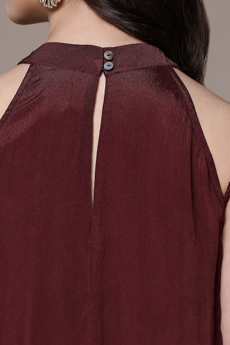 Ritu Kumar_Wine Viscose Chinon Chiffon Tassels Cascade Dress With Scarf _Online_at_Aza_Fashions