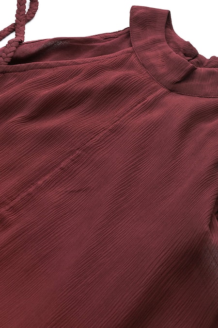Buy_Ritu Kumar_Wine Viscose Chinon Chiffon Tassels Cascade Dress With Scarf _Online_at_Aza_Fashions