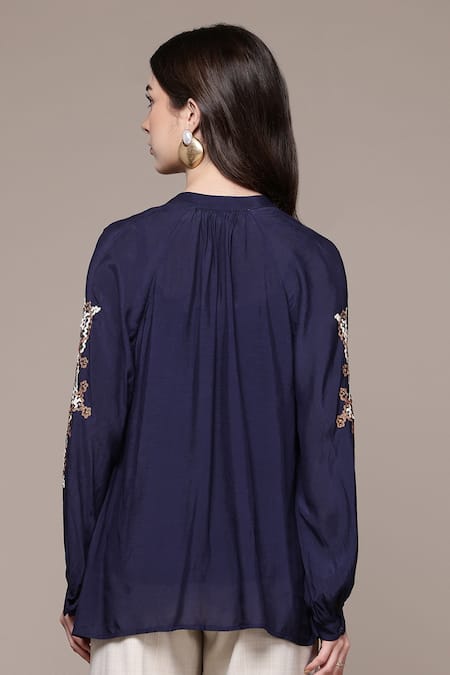 Shop Ritu Kumar Blue Viscose, Silk Embroidery, Metallic Thread V-neck, Celtic Full Sleeve Top at Aza Fashions Shop_Ritu Kumar_Blue Viscose, Silk Embroidery, Metallic Thread V-neck, Celtic Full Sleeve Top _at_Aza_Fashions