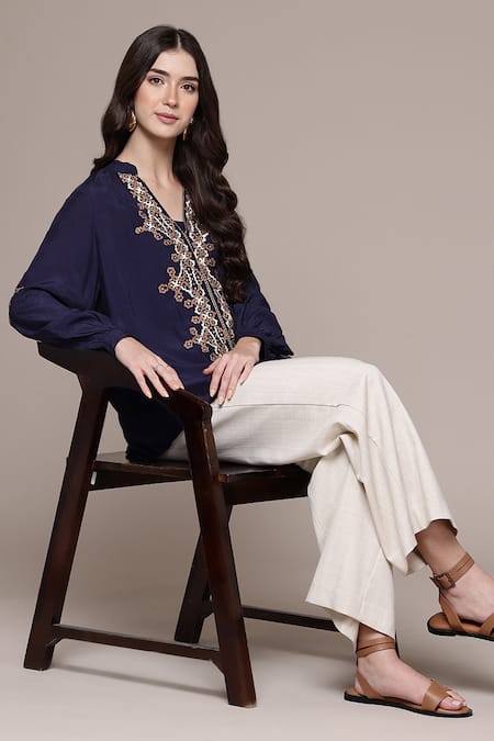 Ritu Kumar Blue Viscose, Silk Embroidery, Metallic Thread V-neck, Celtic Full Sleeve Top Online at Aza Fashions Ritu Kumar_Blue Viscose, Silk Embroidery, Metallic Thread V-neck, Celtic Full Sleeve Top _Online_at_Aza_Fashions