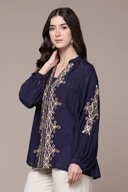 Buy Ritu Kumar Blue Viscose, Silk Embroidery, Metallic Thread V-neck, Celtic Full Sleeve Top Online at Aza Fashions Buy_Ritu Kumar_Blue Viscose, Silk Embroidery, Metallic Thread V-neck, Celtic Full Sleeve Top _Online_at_Aza_Fashions