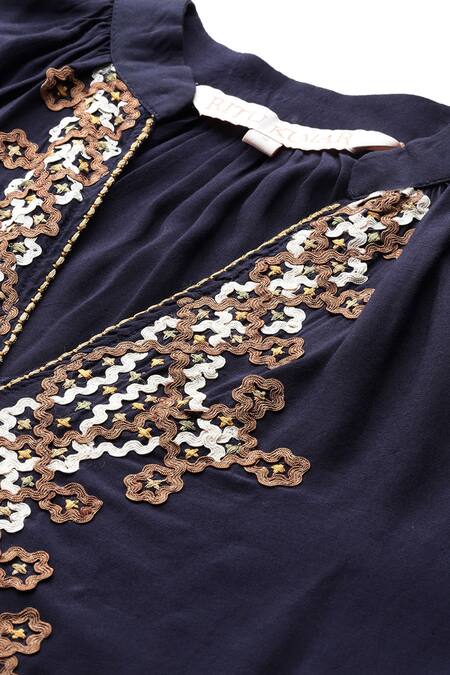 Shop Ritu Kumar Blue Viscose, Silk Embroidery, Metallic Thread V-neck, Celtic Full Sleeve Top Online at Aza Fashions Shop_Ritu Kumar_Blue Viscose, Silk Embroidery, Metallic Thread V-neck, Celtic Full Sleeve Top _Online_at_Aza_Fashions