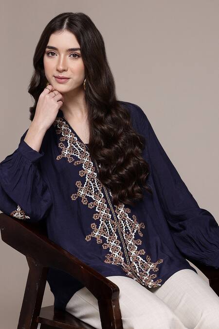 Ritu Kumar Blue Viscose, Silk Embroidery, Metallic Thread V-neck, Celtic Full Sleeve Top at Aza Fashions Ritu Kumar_Blue Viscose, Silk Embroidery, Metallic Thread V-neck, Celtic Full Sleeve Top _at_Aza_Fashions