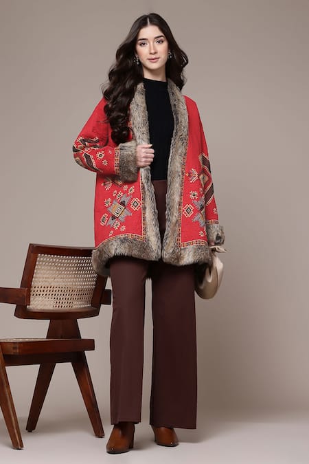 Ritu Kumar Red Polyester Embroidery Open Neck Dari Emb Quilted Jacket With Faux Fur Trim Online at Aza Fashions Ritu Kumar_Red Polyester Embroidery Open Neck Dari Emb Quilted Jacket With Faux Fur Trim _Online_at_Aza_Fashions
