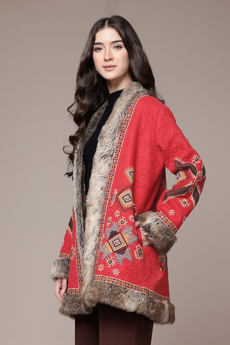 Buy Ritu Kumar Red Polyester Embroidery Open Neck Dari Emb Quilted Jacket With Faux Fur Trim Online at Aza Fashions Buy_Ritu Kumar_Red Polyester Embroidery Open Neck Dari Emb Quilted Jacket With Faux Fur Trim _Online_at_Aza_Fashions
