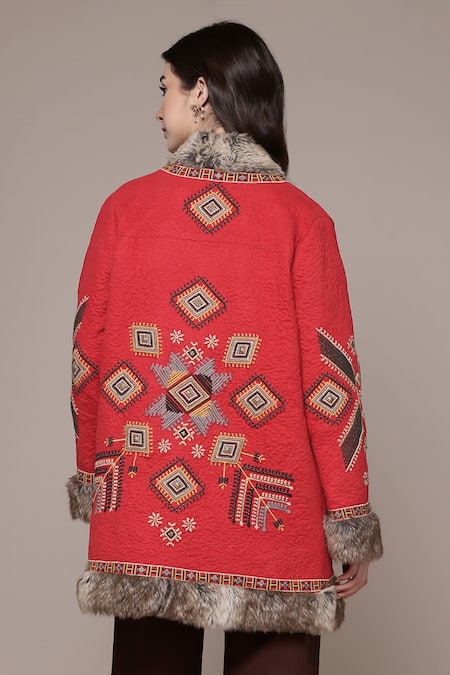 Shop Ritu Kumar Red Polyester Embroidery Open Neck Dari Emb Quilted Jacket With Faux Fur Trim at Aza Fashions Shop_Ritu Kumar_Red Polyester Embroidery Open Neck Dari Emb Quilted Jacket With Faux Fur Trim _at_Aza_Fashions