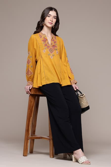 Ritu Kumar_Mustard Cotton, Voile Embroidery, Beads Split Dari A-line Full Sleeves Tunic _Online_at_Aza_Fashions