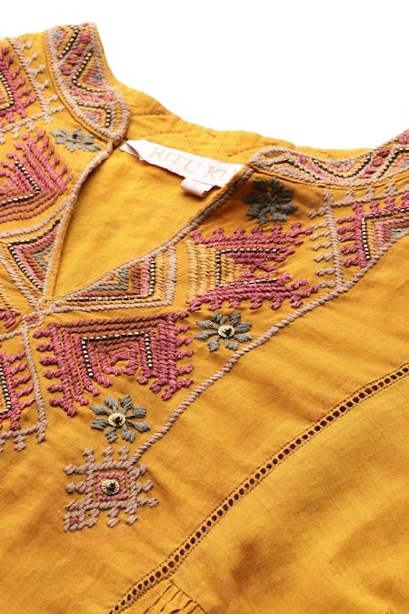 Buy_Ritu Kumar_Mustard Cotton, Voile Embroidery, Beads Split Dari A-line Full Sleeves Tunic _Online_at_Aza_Fashions