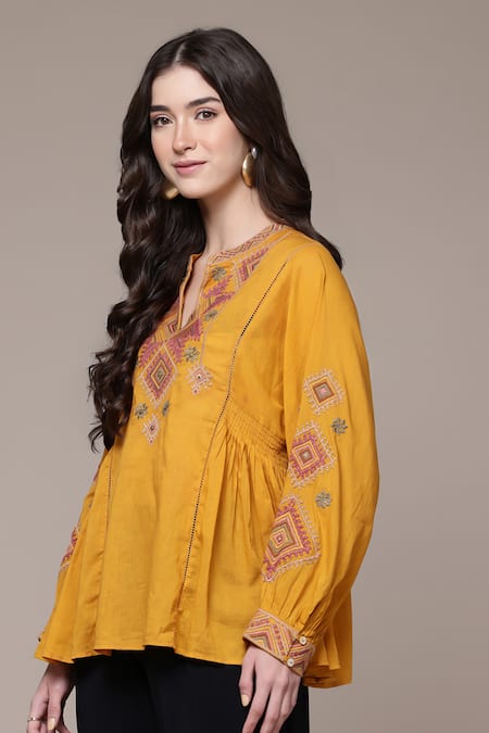 Shop_Ritu Kumar_Mustard Cotton, Voile Embroidery, Beads Split Dari A-line Full Sleeves Tunic _Online_at_Aza_Fashions