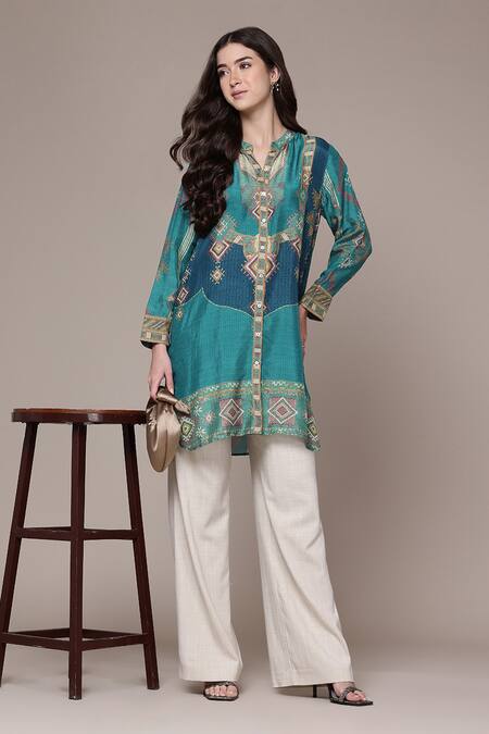 Ritu Kumar Teal Viscose Mandarin Collar, V-neck Tribal Print Full Sleeve Shirt Online at Aza Fashions Ritu Kumar_Teal Viscose Mandarin Collar, V-neck Tribal Print Full Sleeve Shirt _Online_at_Aza_Fashions