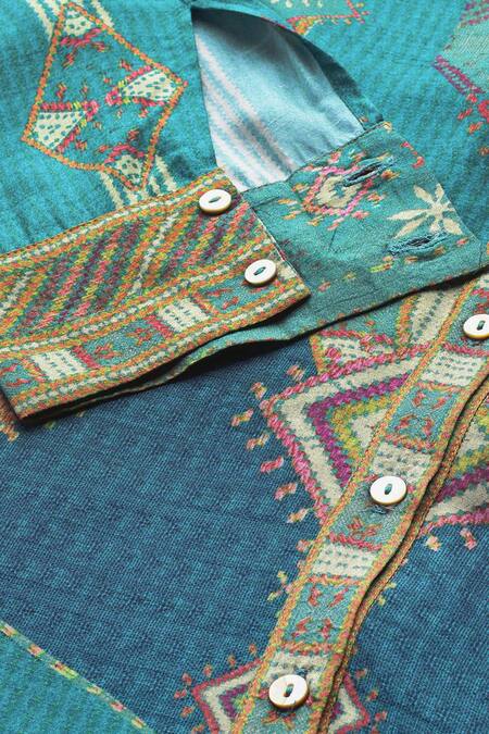 Buy Ritu Kumar Teal Viscose Mandarin Collar, V-neck Tribal Print Full Sleeve Shirt Online at Aza Fashions Buy_Ritu Kumar_Teal Viscose Mandarin Collar, V-neck Tribal Print Full Sleeve Shirt _Online_at_Aza_Fashions