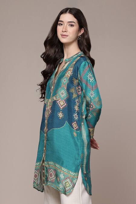 Shop Ritu Kumar Teal Viscose Mandarin Collar, V-neck Tribal Print Full Sleeve Shirt Online at Aza Fashions Shop_Ritu Kumar_Teal Viscose Mandarin Collar, V-neck Tribal Print Full Sleeve Shirt _Online_at_Aza_Fashions