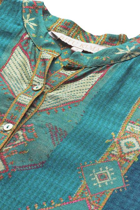 Ritu Kumar Teal Viscose Mandarin Collar, V-neck Tribal Print Full Sleeve Shirt at Aza Fashions Ritu Kumar_Teal Viscose Mandarin Collar, V-neck Tribal Print Full Sleeve Shirt _at_Aza_Fashions