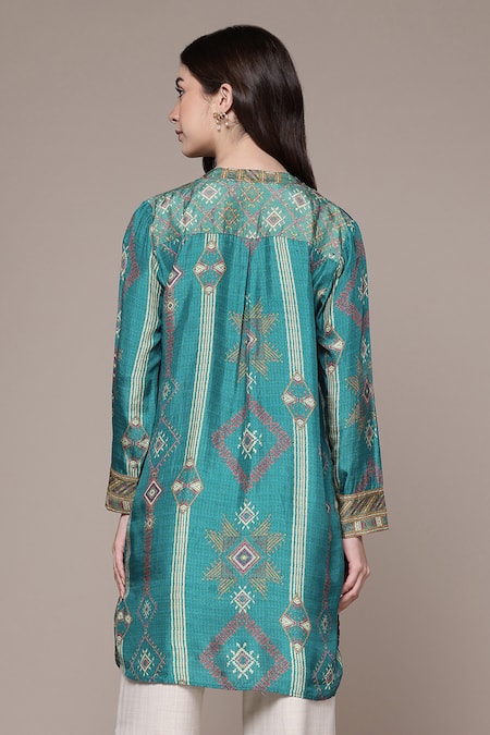 Shop Ritu Kumar Teal Viscose Mandarin Collar, V-neck Tribal Print Full Sleeve Shirt at Aza Fashions Shop_Ritu Kumar_Teal Viscose Mandarin Collar, V-neck Tribal Print Full Sleeve Shirt _at_Aza_Fashions