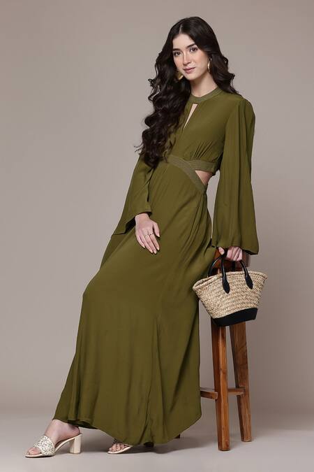 Ritu Kumar_Olive Green Crepe Embroidery High Dari Key Full Sleeves Jumpsuit _Online_at_Aza_Fashions