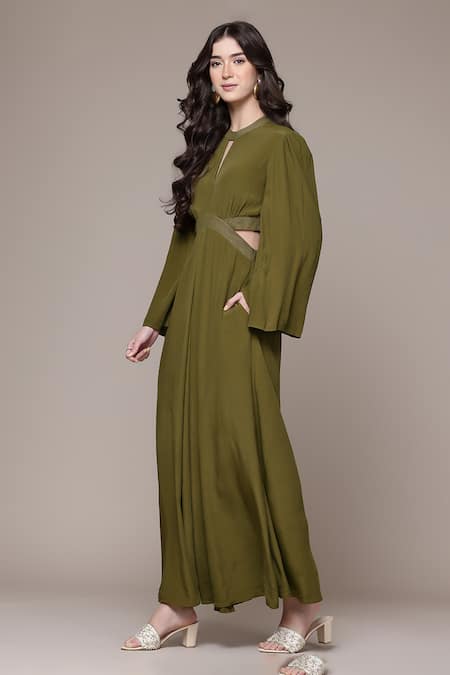 Buy_Ritu Kumar_Olive Green Crepe Embroidery High Dari Key Full Sleeves Jumpsuit _Online_at_Aza_Fashions