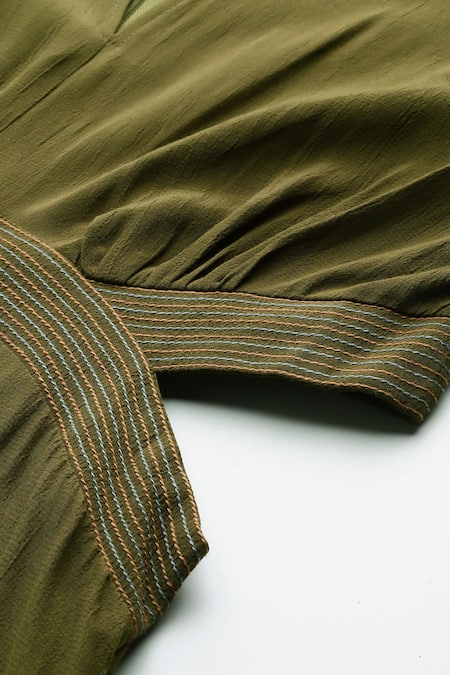 Shop_Ritu Kumar_Olive Green Crepe Embroidery High Dari Key Full Sleeves Jumpsuit _Online_at_Aza_Fashions