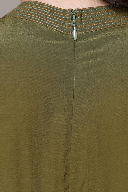 Ritu Kumar_Olive Green Crepe Embroidery High Dari Key Full Sleeves Jumpsuit _at_Aza_Fashions