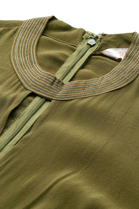 Buy_Ritu Kumar_Olive Green Crepe Embroidery High Dari Key Full Sleeves Jumpsuit 