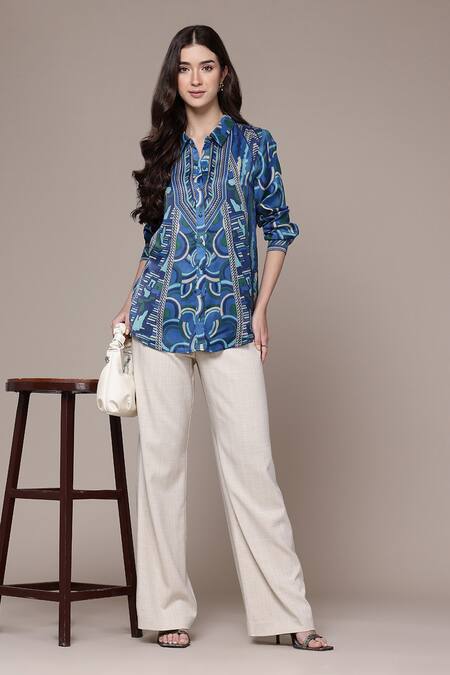 Ritu Kumar Blue Modal, Satin Collared, V-neck Geometric Print Full Sleeve Shirt Online at Aza Fashions Ritu Kumar_Blue Modal, Satin Collared, V-neck Geometric Print Full Sleeve Shirt _Online_at_Aza_Fashions
