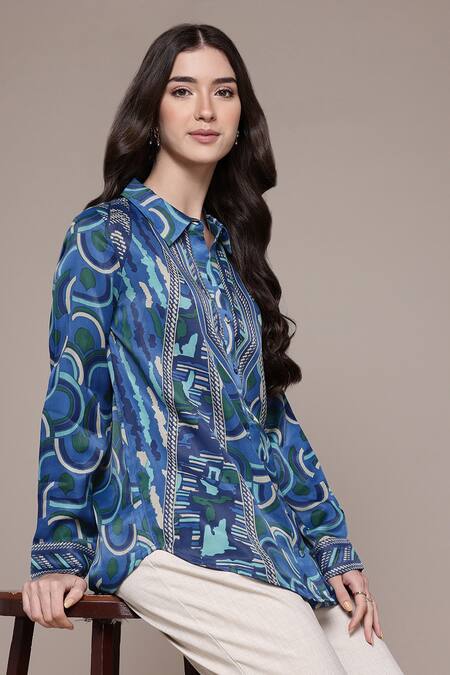 Buy Ritu Kumar Blue Modal, Satin Collared, V-neck Geometric Print Full Sleeve Shirt Online at Aza Fashions Buy_Ritu Kumar_Blue Modal, Satin Collared, V-neck Geometric Print Full Sleeve Shirt _Online_at_Aza_Fashions