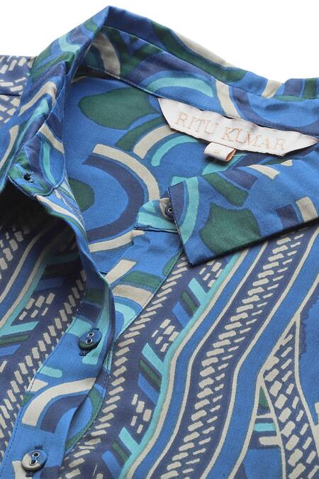 Shop Ritu Kumar Blue Modal, Satin Collared, V-neck Geometric Print Full Sleeve Shirt Online at Aza Fashions Shop_Ritu Kumar_Blue Modal, Satin Collared, V-neck Geometric Print Full Sleeve Shirt _Online_at_Aza_Fashions