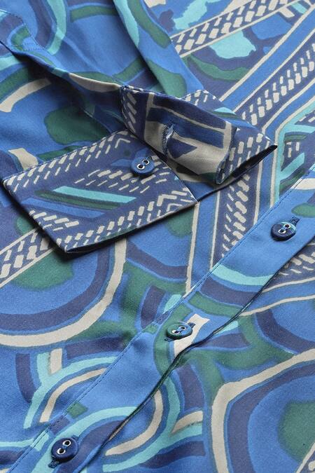 Ritu Kumar Blue Modal, Satin Collared, V-neck Geometric Print Full Sleeve Shirt at Aza Fashions Ritu Kumar_Blue Modal, Satin Collared, V-neck Geometric Print Full Sleeve Shirt _at_Aza_Fashions