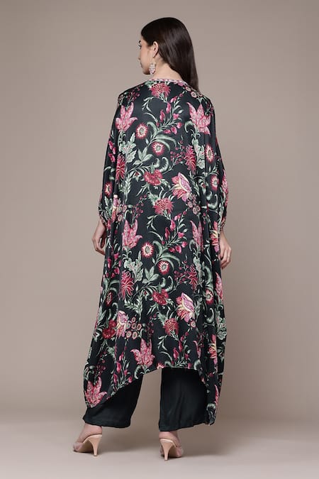 Shop Ritu Kumar Black Modal, Satin V-neck Ethnic Motif Kaftan And Straight Pant Set at Aza Fashions Shop_Ritu Kumar_Black Modal, Satin V-neck Ethnic Motif Kaftan And Straight Pant Set _at_Aza_Fashions