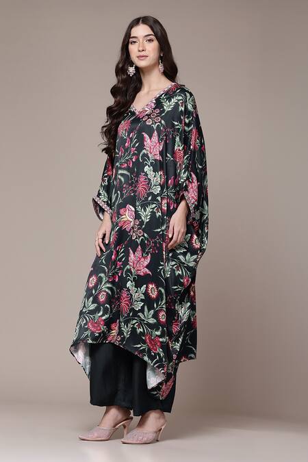 Shop Ritu Kumar Black Modal, Satin V-neck Ethnic Motif Kaftan And Straight Pant Set Online at Aza Fashions Shop_Ritu Kumar_Black Modal, Satin V-neck Ethnic Motif Kaftan And Straight Pant Set _Online_at_Aza_Fashions
