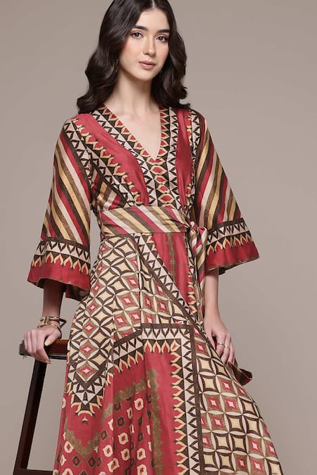 Ritu Kumar_Maroon Chanderi V-neck Geo Tribe Geometric Print Fit And Flare Dress _Online_at_Aza_Fashions
