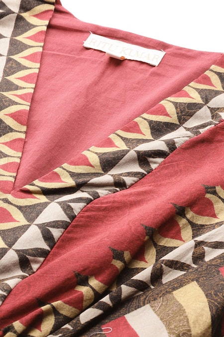 Buy_Ritu Kumar_Maroon Chanderi V-neck Geo Tribe Geometric Print Fit And Flare Dress _Online_at_Aza_Fashions