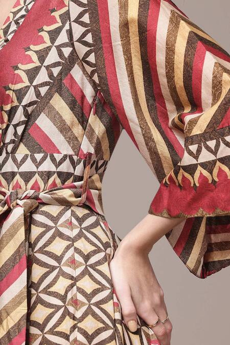 Shop_Ritu Kumar_Maroon Chanderi V-neck Geo Tribe Geometric Print Fit And Flare Dress _Online_at_Aza_Fashions