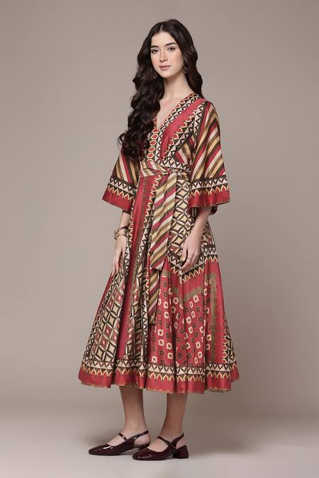 Ritu Kumar_Maroon Chanderi V-neck Geo Tribe Geometric Print Fit And Flare Dress _at_Aza_Fashions