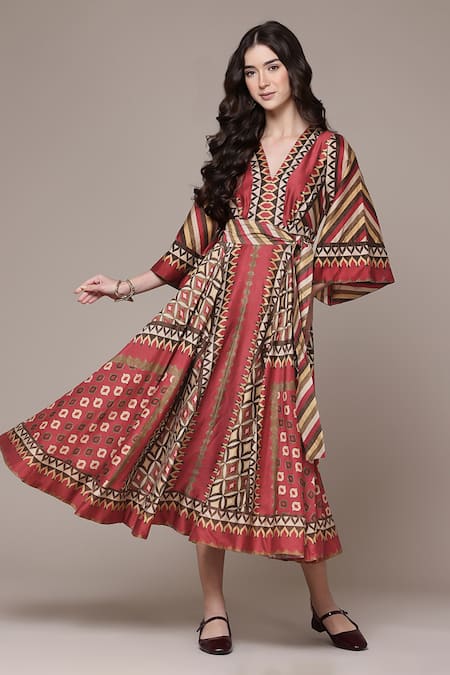 Buy_Ritu Kumar_Maroon Chanderi V-neck Geo Tribe Geometric Print Fit And Flare Dress 