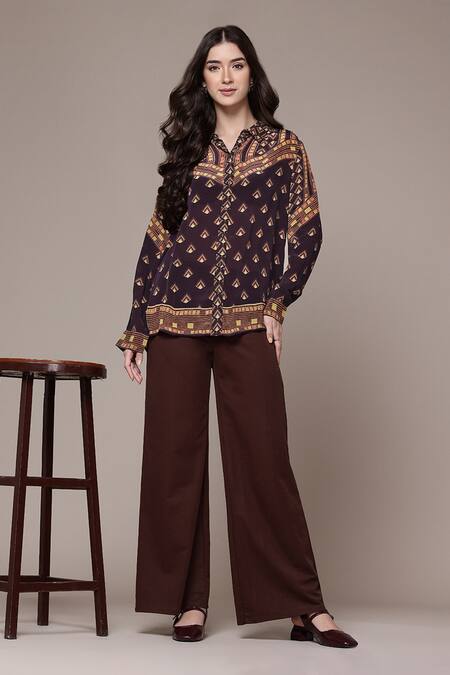 Ritu Kumar Brown Viscose, Crepe Collared Geometric Print Full Sleeve Shirt Online at Aza Fashions Ritu Kumar_Brown Viscose, Crepe Collared Geometric Print Full Sleeve Shirt _Online_at_Aza_Fashions