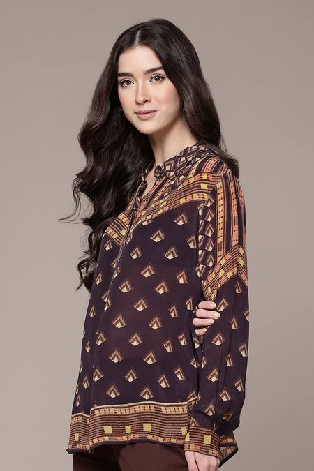 Buy Ritu Kumar Brown Viscose, Crepe Collared Geometric Print Full Sleeve Shirt Online at Aza Fashions Buy_Ritu Kumar_Brown Viscose, Crepe Collared Geometric Print Full Sleeve Shirt _Online_at_Aza_Fashions