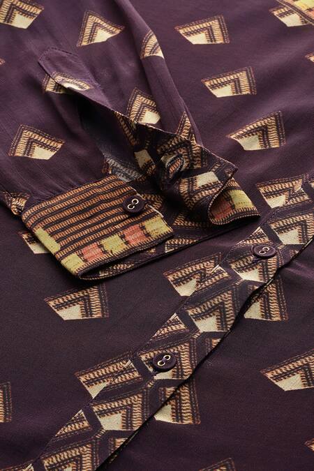 Shop Ritu Kumar Brown Viscose, Crepe Collared Geometric Print Full Sleeve Shirt Online at Aza Fashions Shop_Ritu Kumar_Brown Viscose, Crepe Collared Geometric Print Full Sleeve Shirt _Online_at_Aza_Fashions