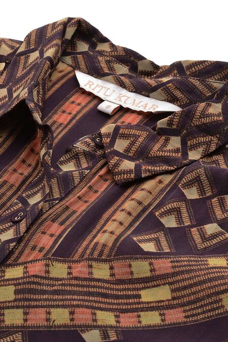 Ritu Kumar Brown Viscose, Crepe Collared Geometric Print Full Sleeve Shirt at Aza Fashions Ritu Kumar_Brown Viscose, Crepe Collared Geometric Print Full Sleeve Shirt _at_Aza_Fashions