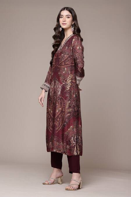 Ritu Kumar Maroon Viscose, Crepe Embroidery Giva Paisley Print Full Sleeve Kurta And Pant Set Online at Aza Fashions Ritu Kumar_Maroon Viscose, Crepe Embroidery Giva Paisley Print Full Sleeve Kurta And Pant Set _Online_at_Aza_Fashions