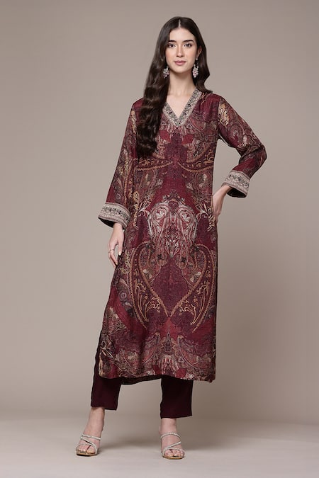 Buy Ritu Kumar Maroon Viscose, Crepe Embroidery Giva Paisley Print Full Sleeve Kurta And Pant Set Online at Aza Fashions Buy_Ritu Kumar_Maroon Viscose, Crepe Embroidery Giva Paisley Print Full Sleeve Kurta And Pant Set _Online_at_Aza_Fashions